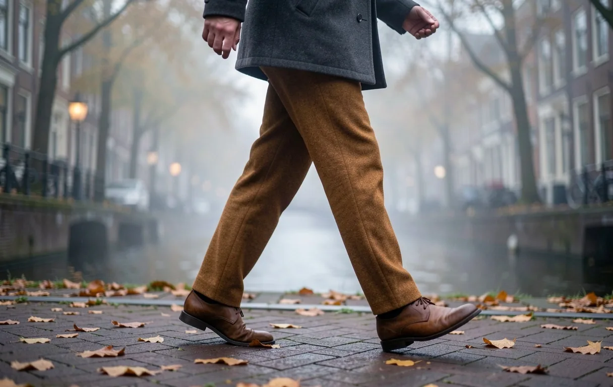 Iemand wandelt langs een Amsterdamse gracht in koel weer