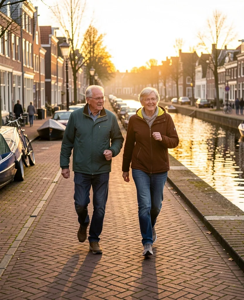 Twee mensen wandelen samen langs een Amsterdamse gracht