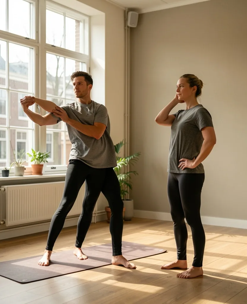 Twee bewegingsspecialisten bespreken houding en mobiliteit in een Amsterdamse studio
