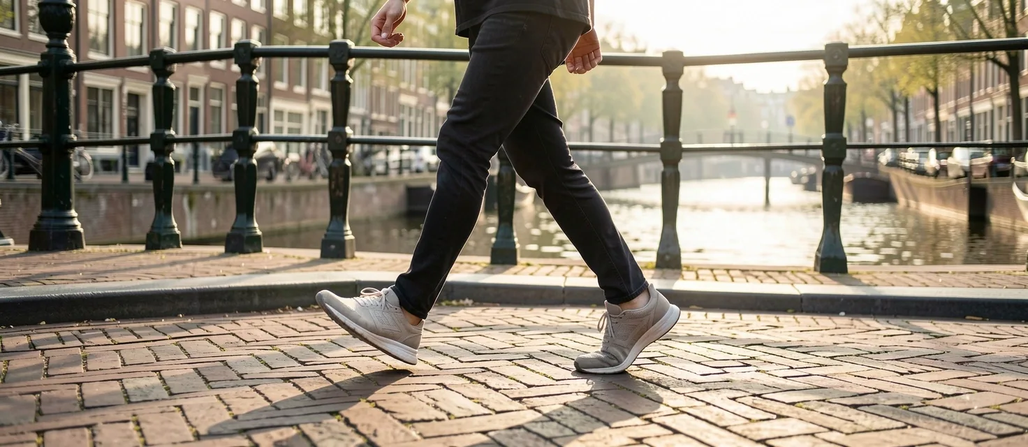 Vroege ochtend aan een Amsterdamse gracht met een wandelaar langs de kade